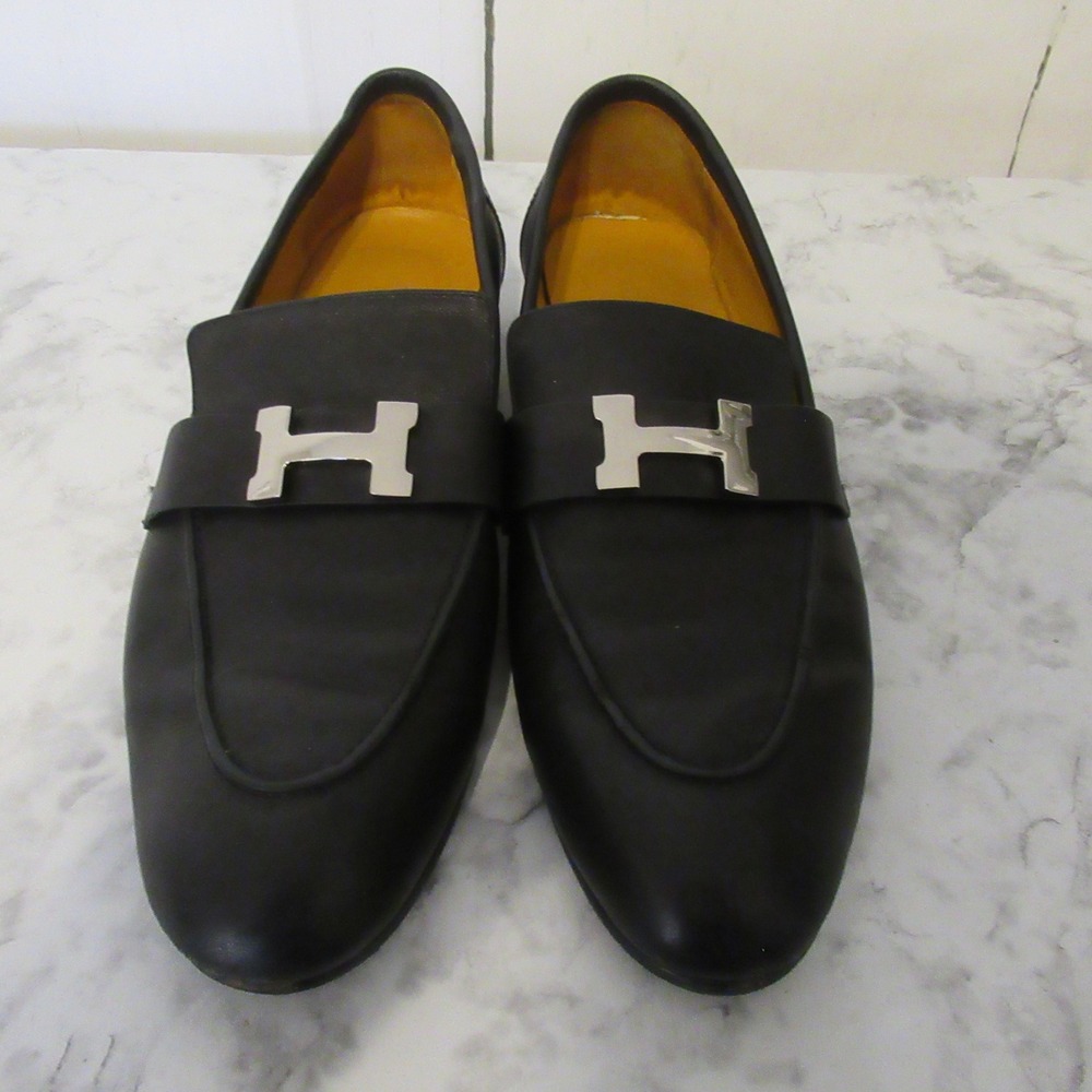 Hermes Paris Loafers 40 Womens Black Leather Silver H Slip On Old Money